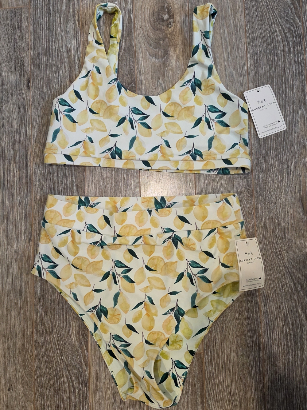 Current Tyed Lemon Print Two-Piece Swim Set with Green Leaves